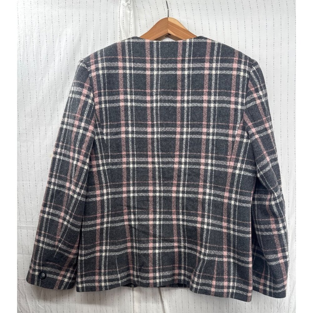 Vintage Leslie Fay Womens Blazer Sz 12 Gray/Pink Plaid Classic Wool Blend Boxy - Picture 2 of 12